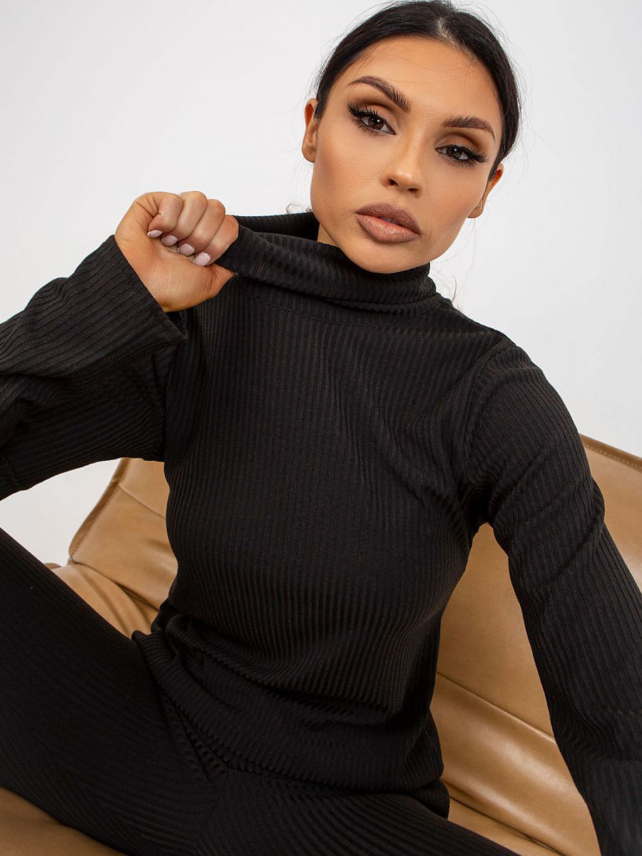 Ribbed Turtleneck Blouse — Black